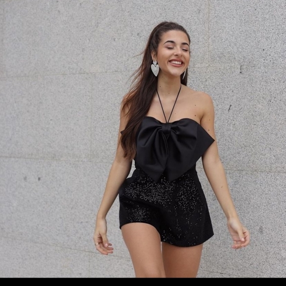 Gorgeous Zara Black Bow Trim Sequin Jumpsuit - Picture 12 of 14